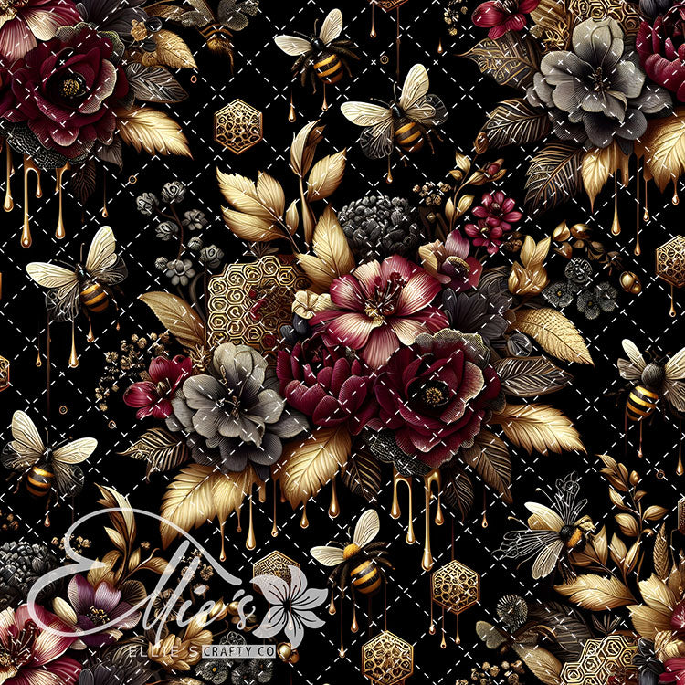 Floral Bees Maroon and Gold 20 Digital Images (Not Seamless)