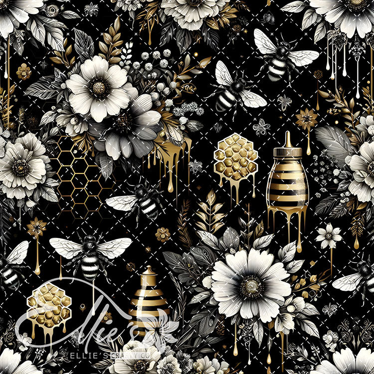 Floral Bees Black and Gold 24 Digital Images (Not Seamless)