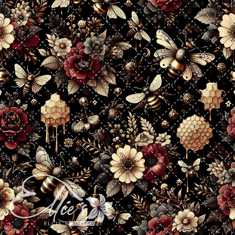 Floral Bees Maroon and Gold 20 Digital Images (Not Seamless)