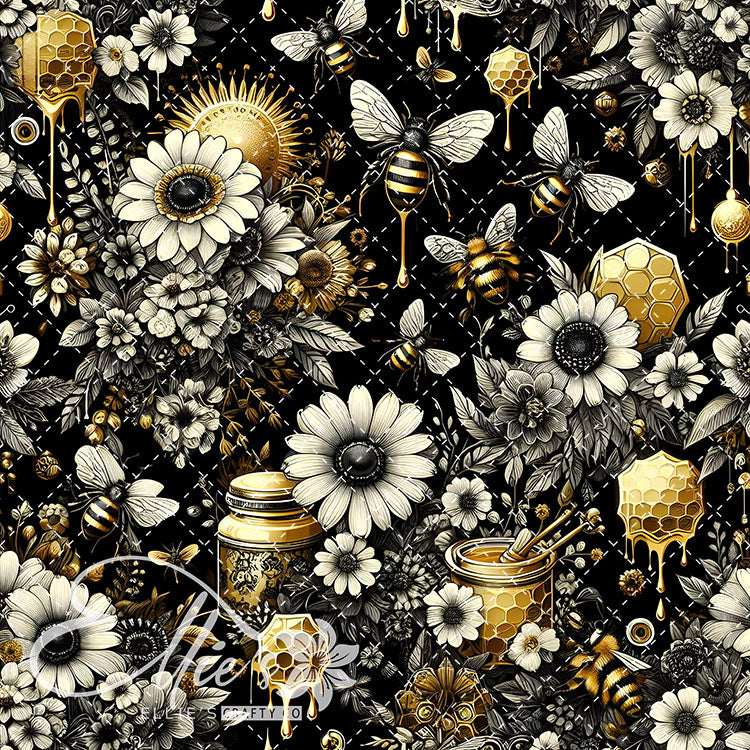 Floral Bees Black and Gold 24 Digital Images (Not Seamless)