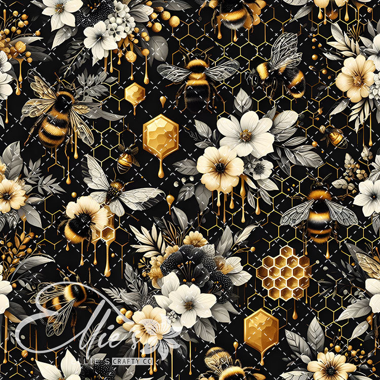 Floral Bees Black and Gold 24 Digital Images (Not Seamless)
