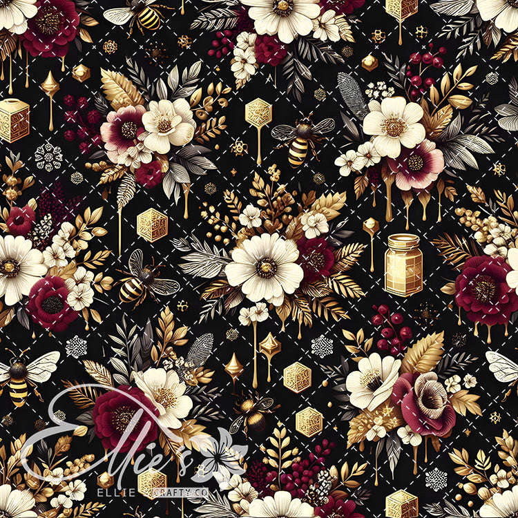 Floral Bees Maroon and Gold 20 Digital Images (Not Seamless)