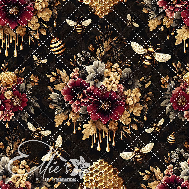 Floral Bees Maroon and Gold 20 Digital Images (Not Seamless)