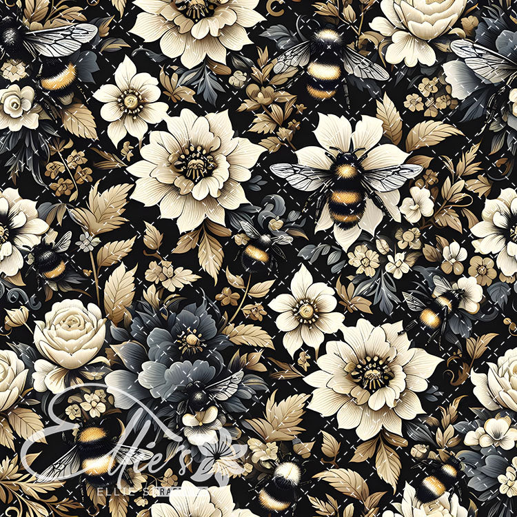 Floral Bees Black and Gold 24 Digital Images (Not Seamless)