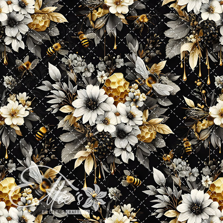 Floral Bees Black and Gold 24 Digital Images (Not Seamless)