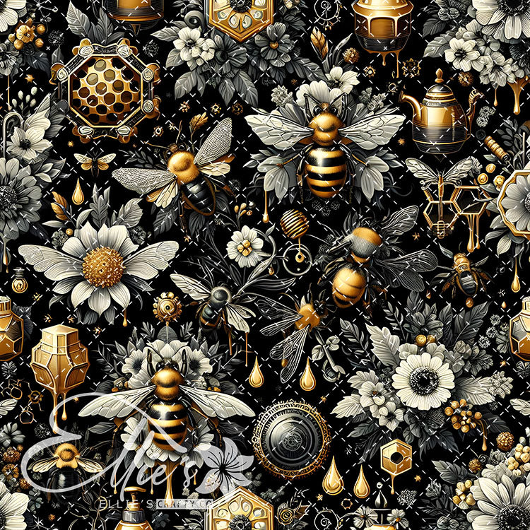 Floral Bees Black and Gold 24 Digital Images (Not Seamless)
