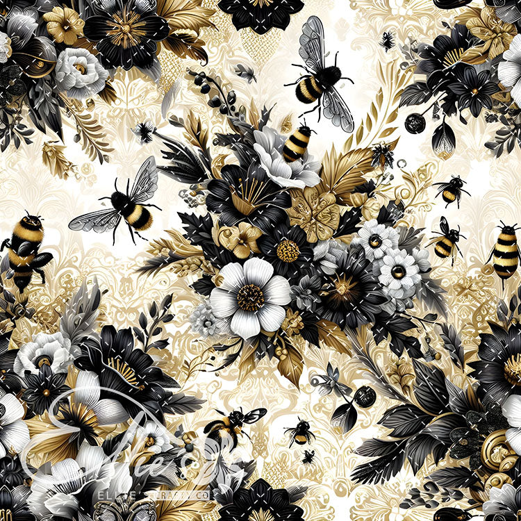 Floral Bees Black and Gold 24 Digital Images (Not Seamless)