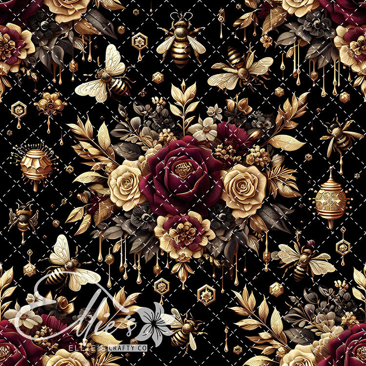 Floral Bees Maroon and Gold 20 Digital Images (Not Seamless)