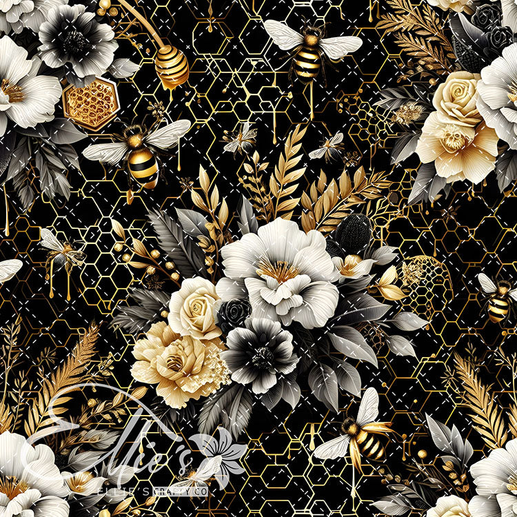 Floral Bees Black and Gold 24 Digital Images (Not Seamless)