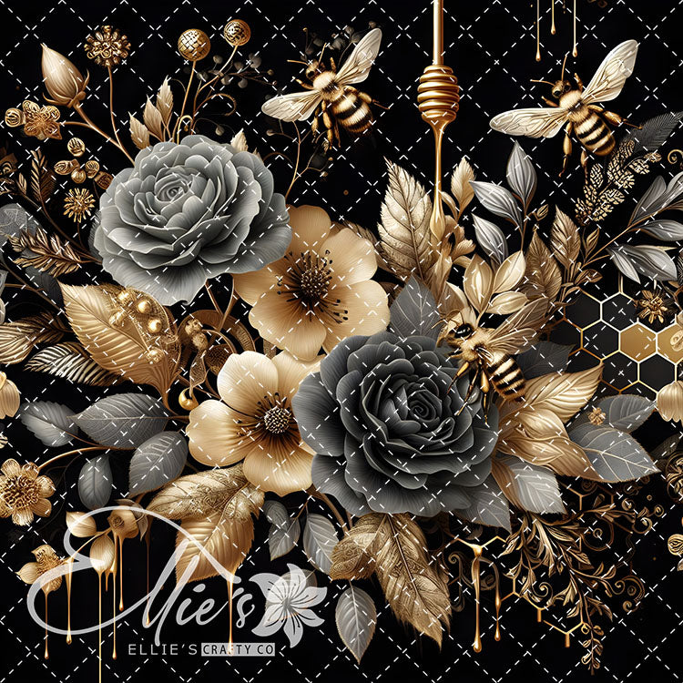 Floral Bees Black and Gold 24 Digital Images (Not Seamless)
