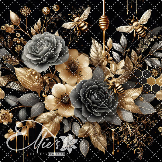Floral Bees Black and Gold 24 Digital Images (Not Seamless)