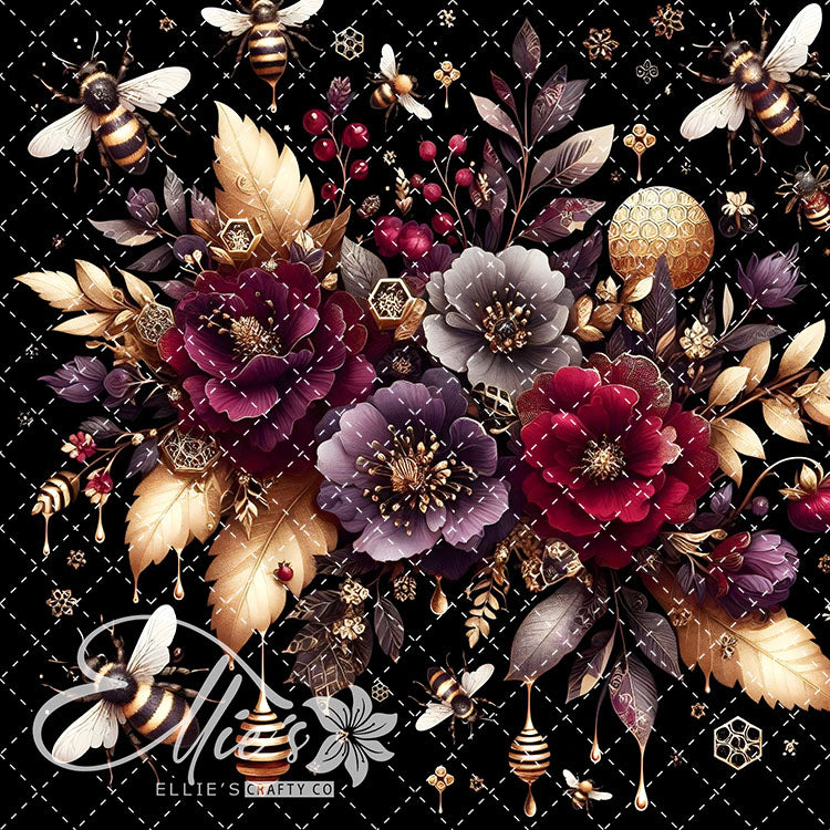 Floral Bees Maroon and Gold 20 Digital Images (Not Seamless)