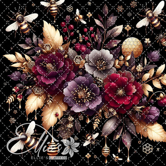 Floral Bees Maroon and Gold 20 Digital Images (Not Seamless)