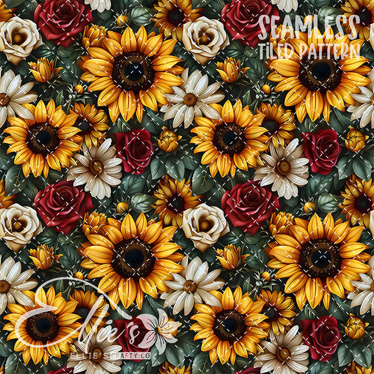 Sunflowers and Roses - 3 Tiled Pattern Digital Images (Seamless)