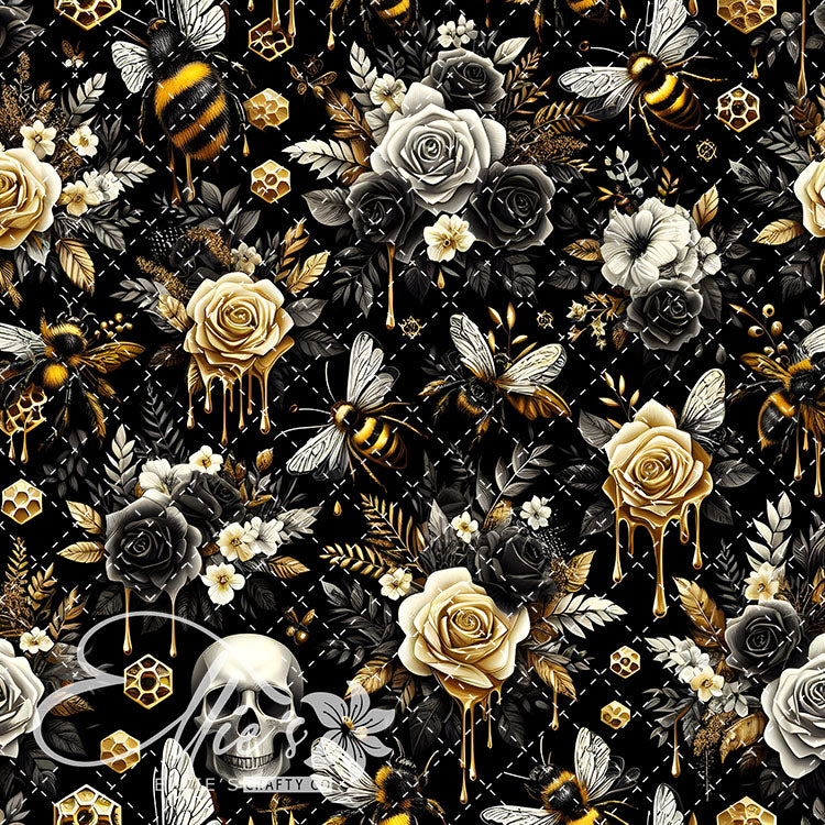 Floral Bees Black and Gold 24 Digital Images (Not Seamless)