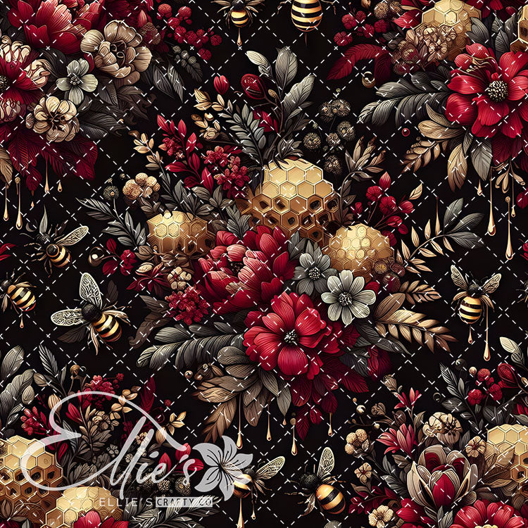 Floral Bees Maroon and Gold 20 Digital Images (Not Seamless)