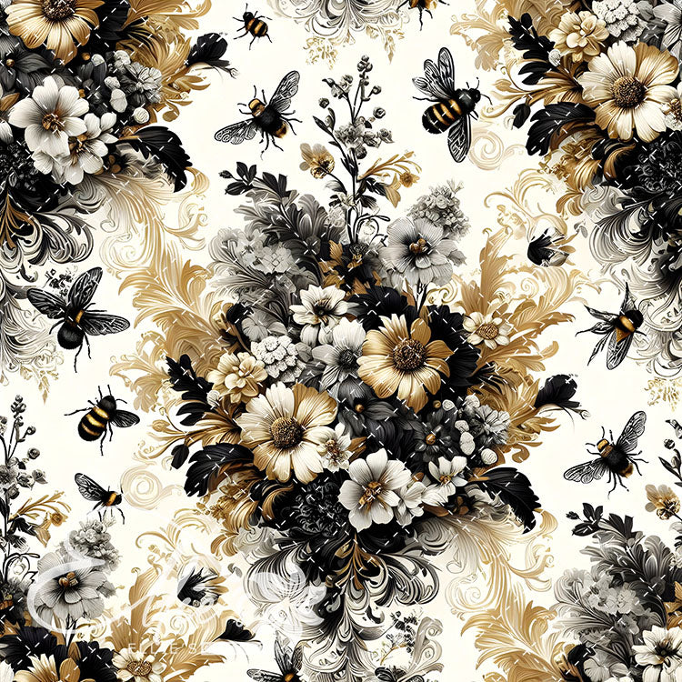 Floral Bees Black and Gold 24 Digital Images (Not Seamless)