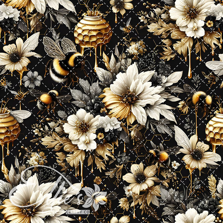 Floral Bees Black and Gold 24 Digital Images (Not Seamless)