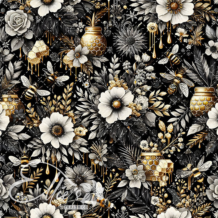 Floral Bees Black and Gold 24 Digital Images (Not Seamless)