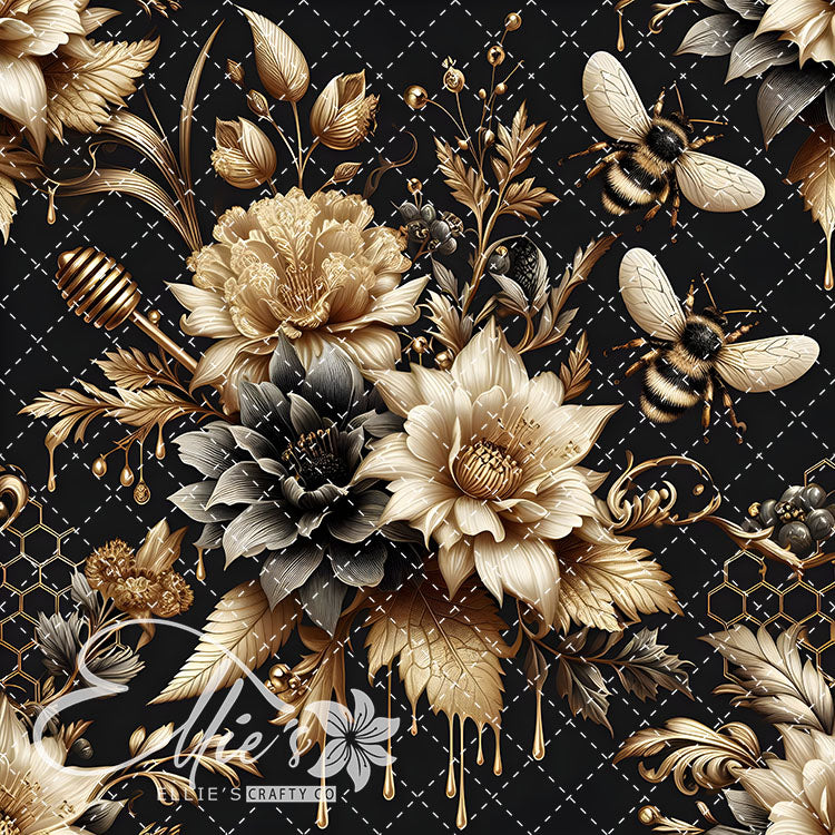 Floral Bees Black and Gold 24 Digital Images (Not Seamless)