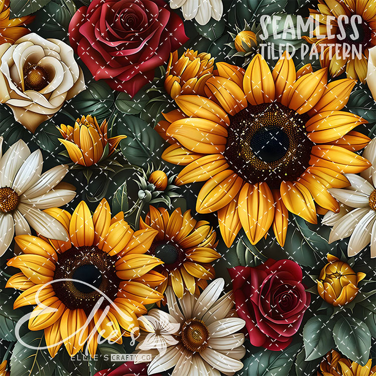 Sunflowers and Roses - 3 Tiled Pattern Digital Images (Seamless)