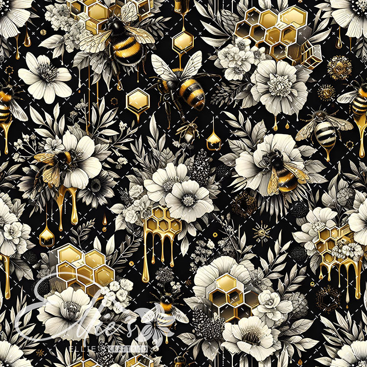 Floral Bees Black and Gold 24 Digital Images (Not Seamless)