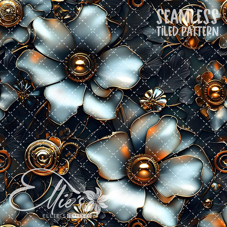 3D Steampunk Florals - 6 Tiled Pattern Digital Images (Seamless)