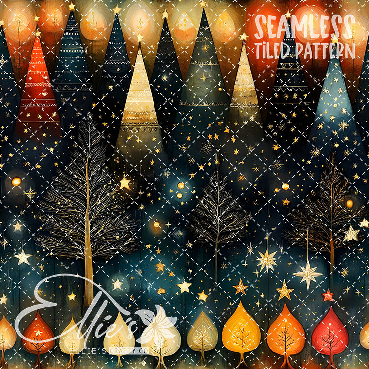Boho Christmas Trees - 10 Tiled Pattern Digital Images (Seamless)