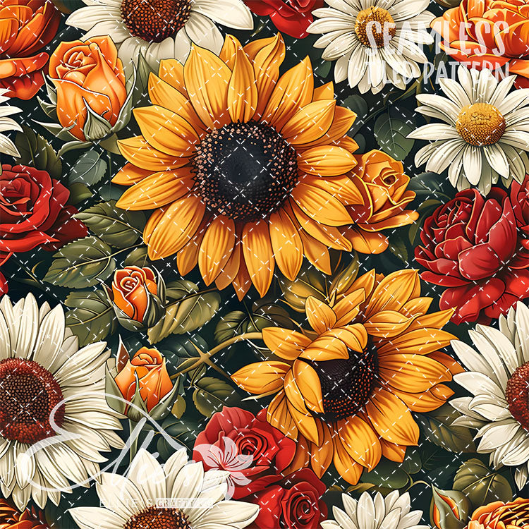 Sunflowers and Roses - 3 Tiled Pattern Digital Images (Seamless)