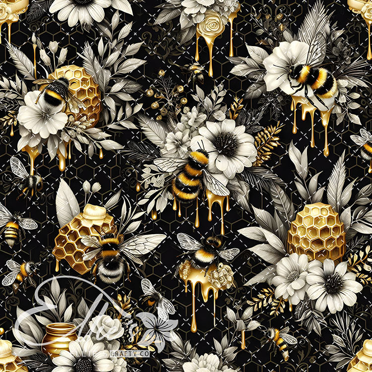 Floral Bees Black and Gold 24 Digital Images (Not Seamless)