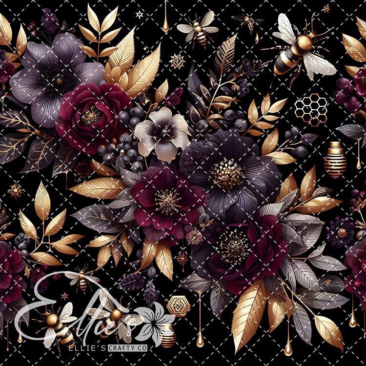 Floral Bees Maroon and Gold 20 Digital Images (Not Seamless)