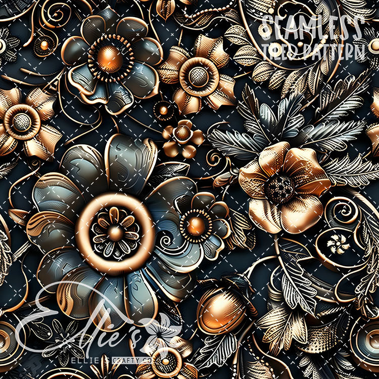 3D Steampunk Florals - 6 Tiled Pattern Digital Images (Seamless)