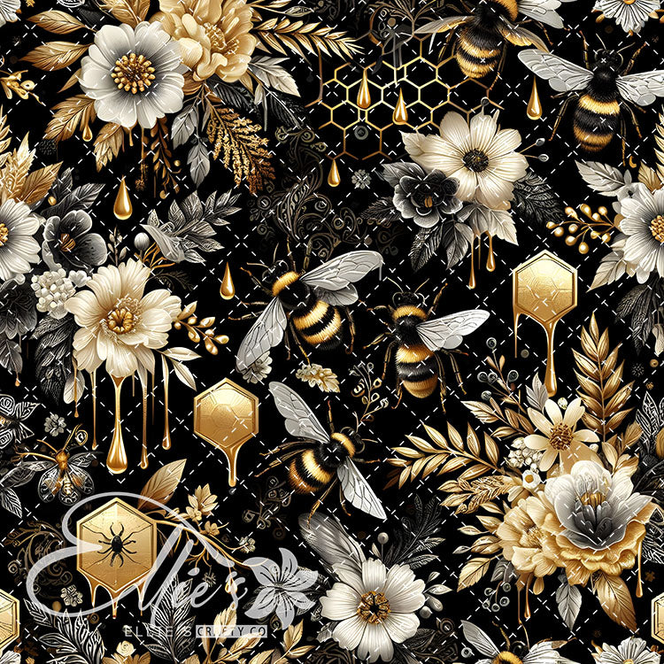 Floral Bees Black and Gold 24 Digital Images (Not Seamless)