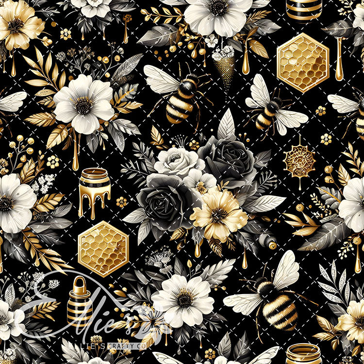 Floral Bees Black and Gold 24 Digital Images (Not Seamless)
