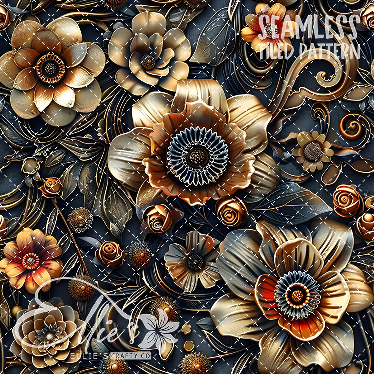 3D Steampunk Florals - 6 Tiled Pattern Digital Images (Seamless)