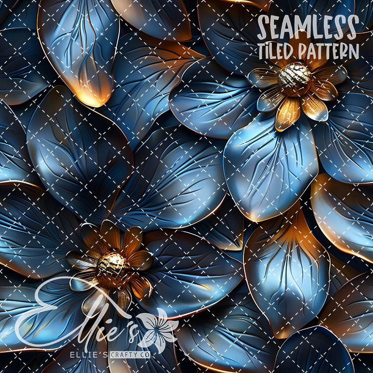 3D Navy and Gold Florals - 6 Tiled Pattern Digital Images (Seamless)