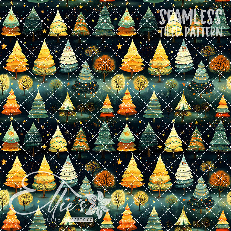 Boho Christmas Trees - 10 Tiled Pattern Digital Images (Seamless)