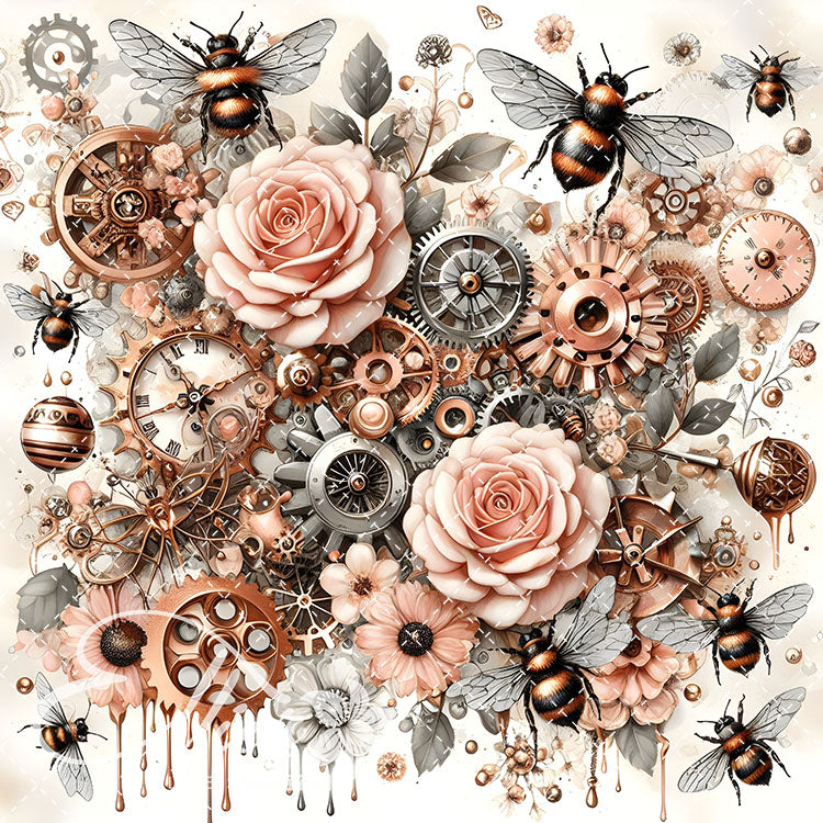 Steampunk Floral Bees V2 20 Digital Images (Not Seamless)