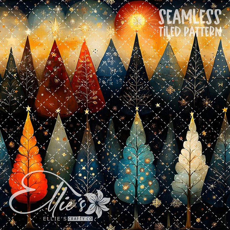 Boho Christmas Trees - 10 Tiled Pattern Digital Images (Seamless)