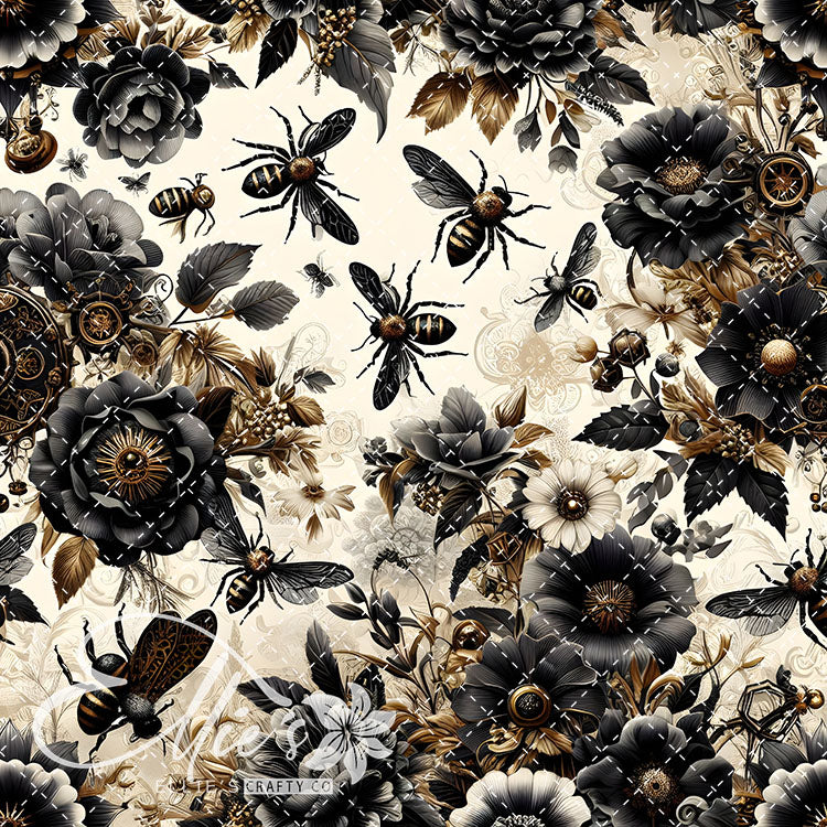 Floral Bees Black and Gold 24 Digital Images (Not Seamless)