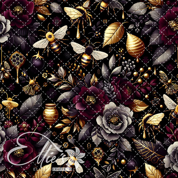 Floral Bees Maroon and Gold 20 Digital Images (Not Seamless)