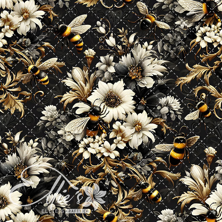 Floral Bees Black and Gold 24 Digital Images (Not Seamless)
