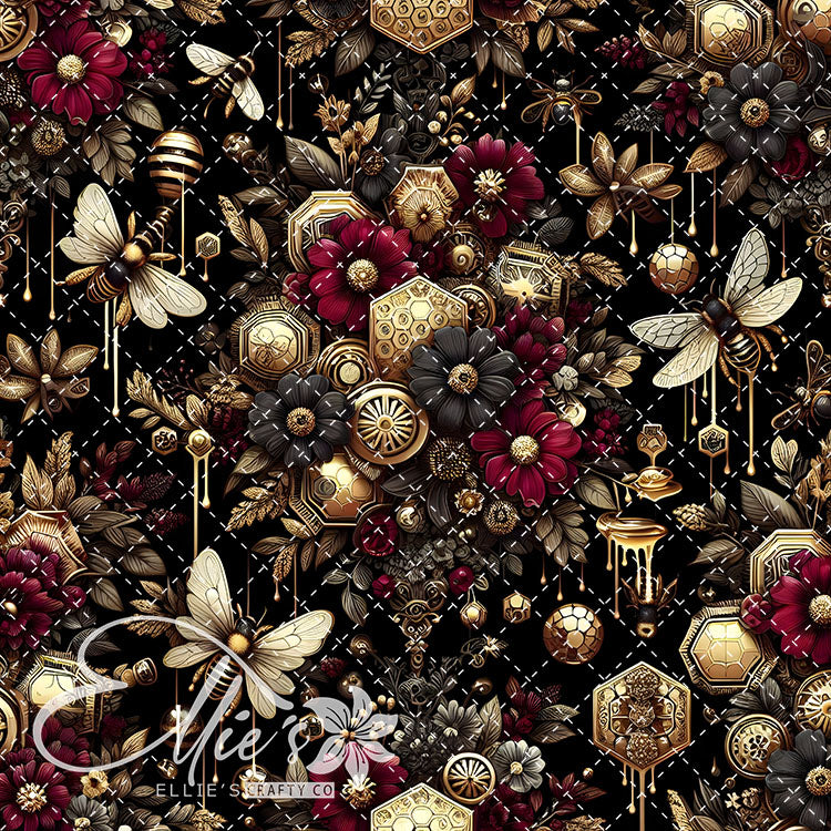 Floral Bees Maroon and Gold 20 Digital Images (Not Seamless)