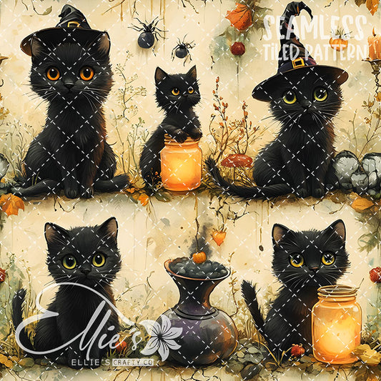 Spooky Black Cats V2 - 12 Tiled Pattern Digital Images (Seamless) - 12 Pen Wraps (Seamless)