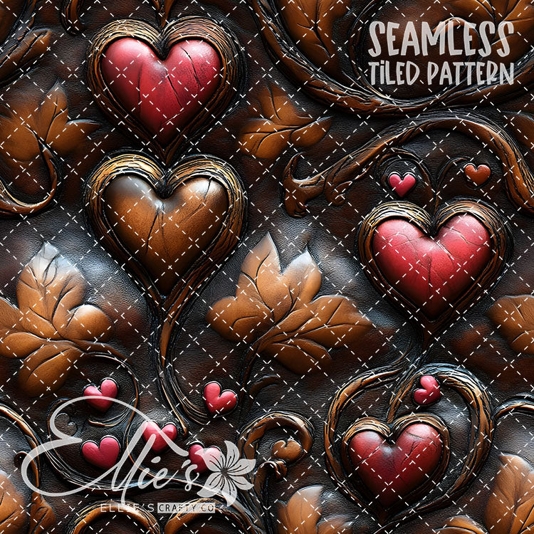 Tooled Leather Hearts - 25 Tiled Pattern Digital Images (Seamless)