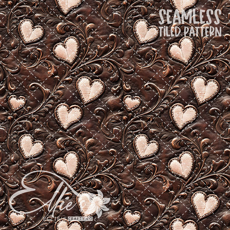 Tooled Leather Hearts - 25 Tiled Pattern Digital Images (Seamless)