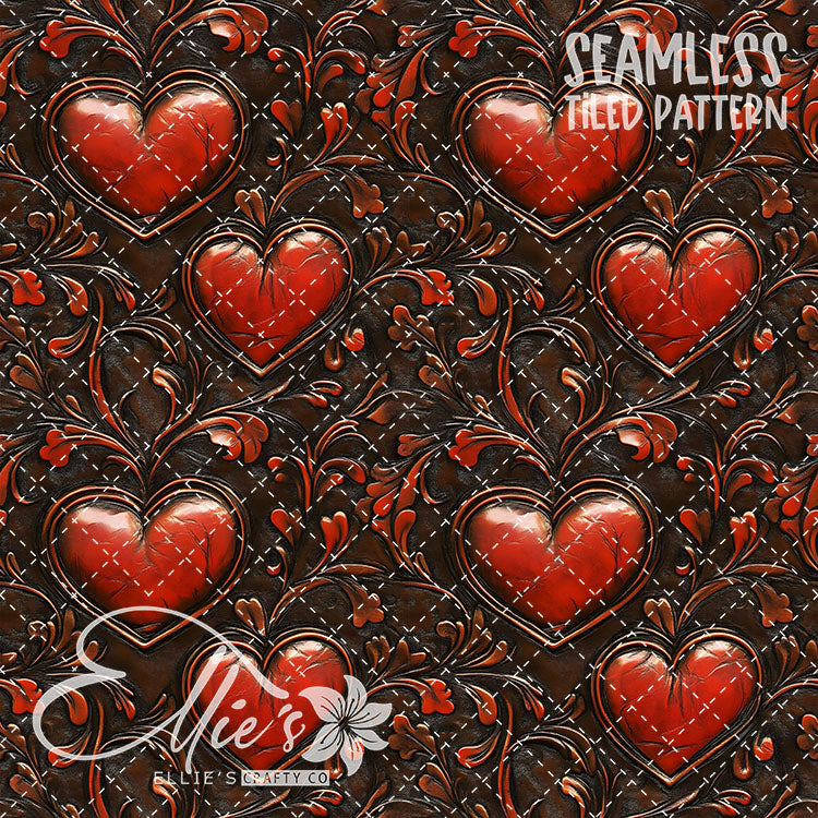 Tooled Leather Hearts - 25 Tiled Pattern Digital Images (Seamless)