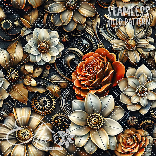 3D Steampunk Florals - 6 Tiled Pattern Digital Images (Seamless)