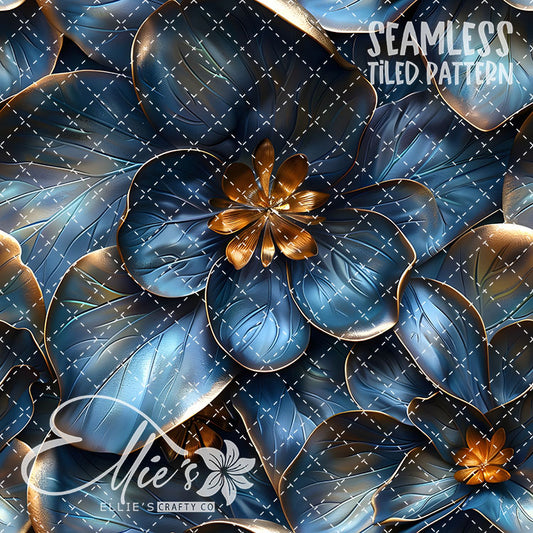 3D Navy and Gold Florals - 6 Tiled Pattern Digital Images (Seamless)