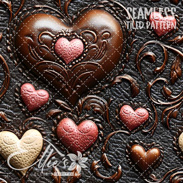 Tooled Leather Hearts - 25 Tiled Pattern Digital Images (Seamless)